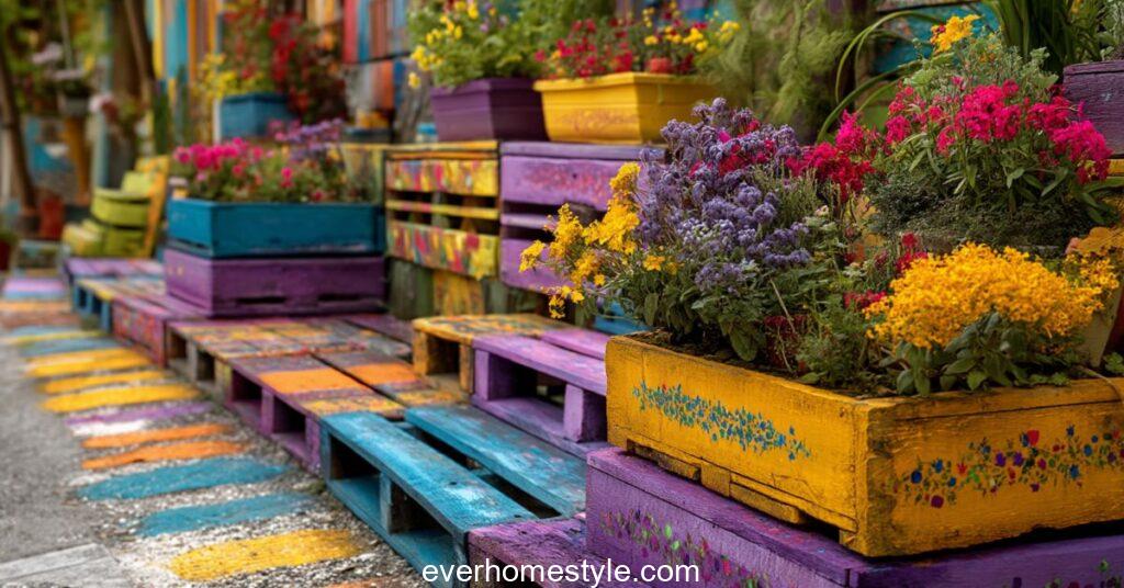 pallet garden painted with bright artistic colors and patterns