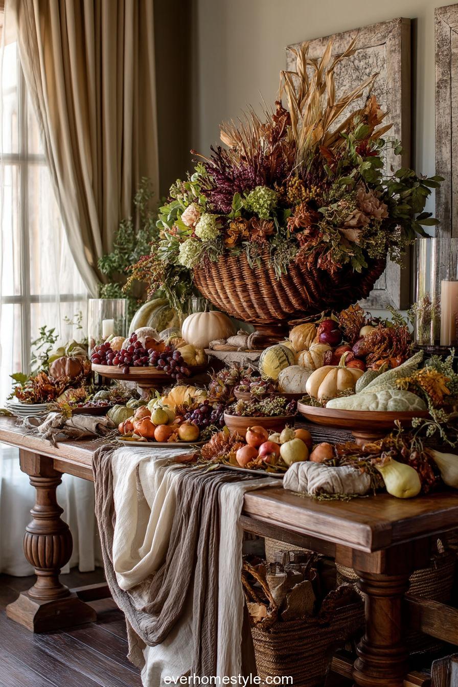 Cornucopia abundance table scene on a Thanksgiving buffet