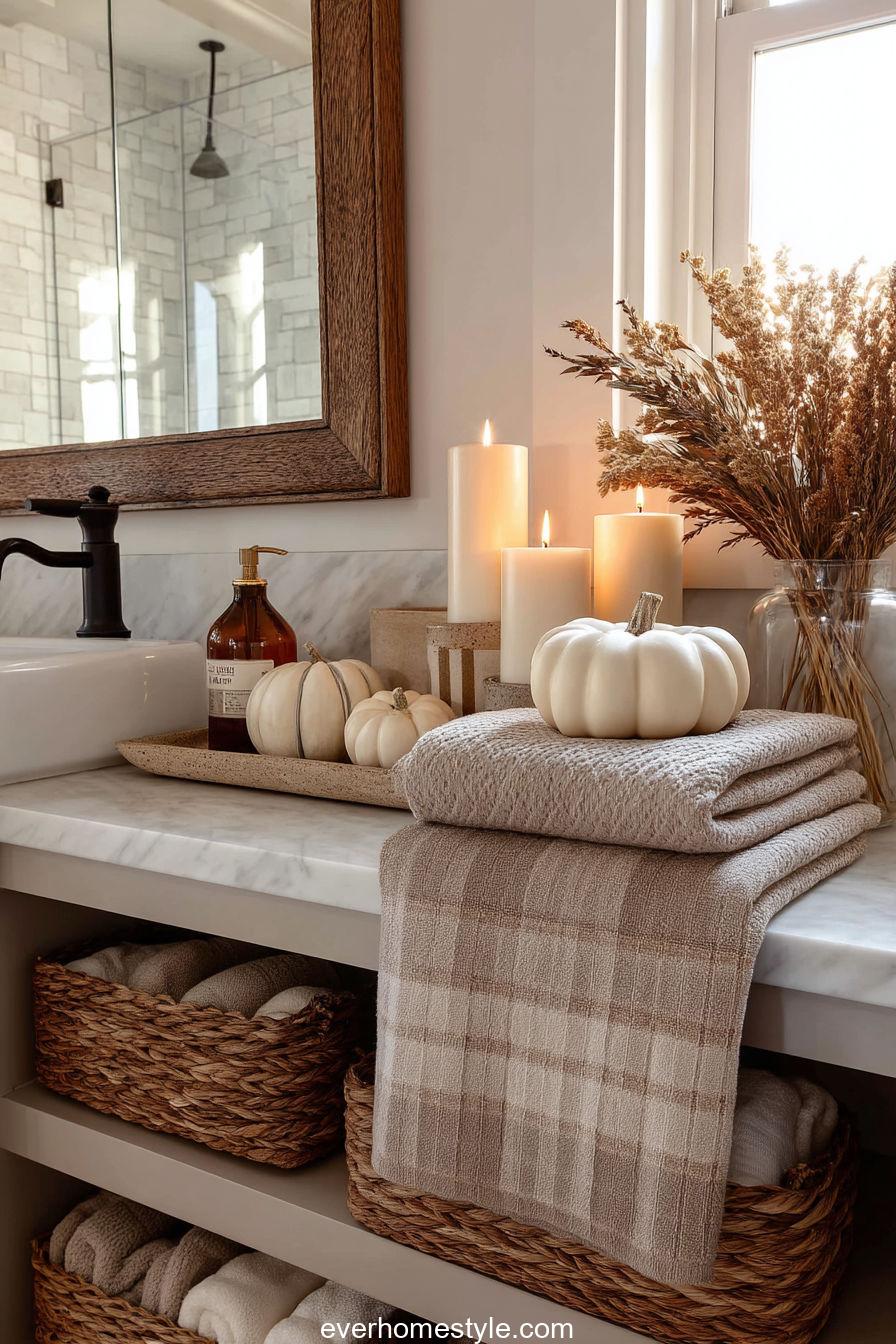 Harvest bathroom accent styling with mini pumpkins and fall towels