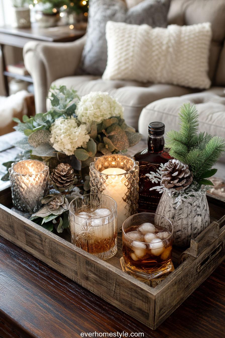 Seasonal serving tray decoration with drinks, candles, and foliage