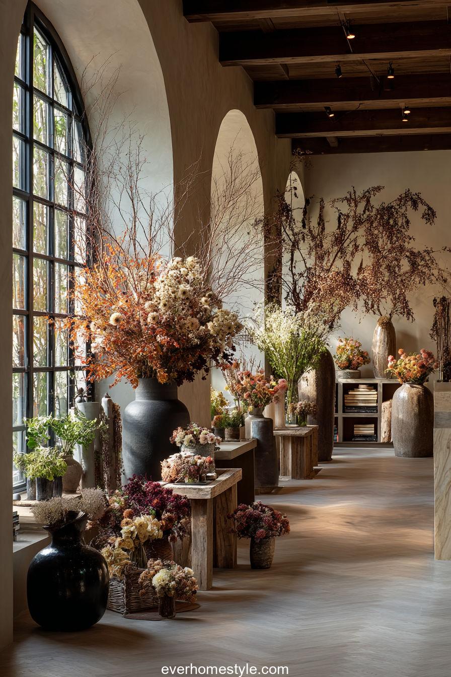A bright room decorated with large autumn floral