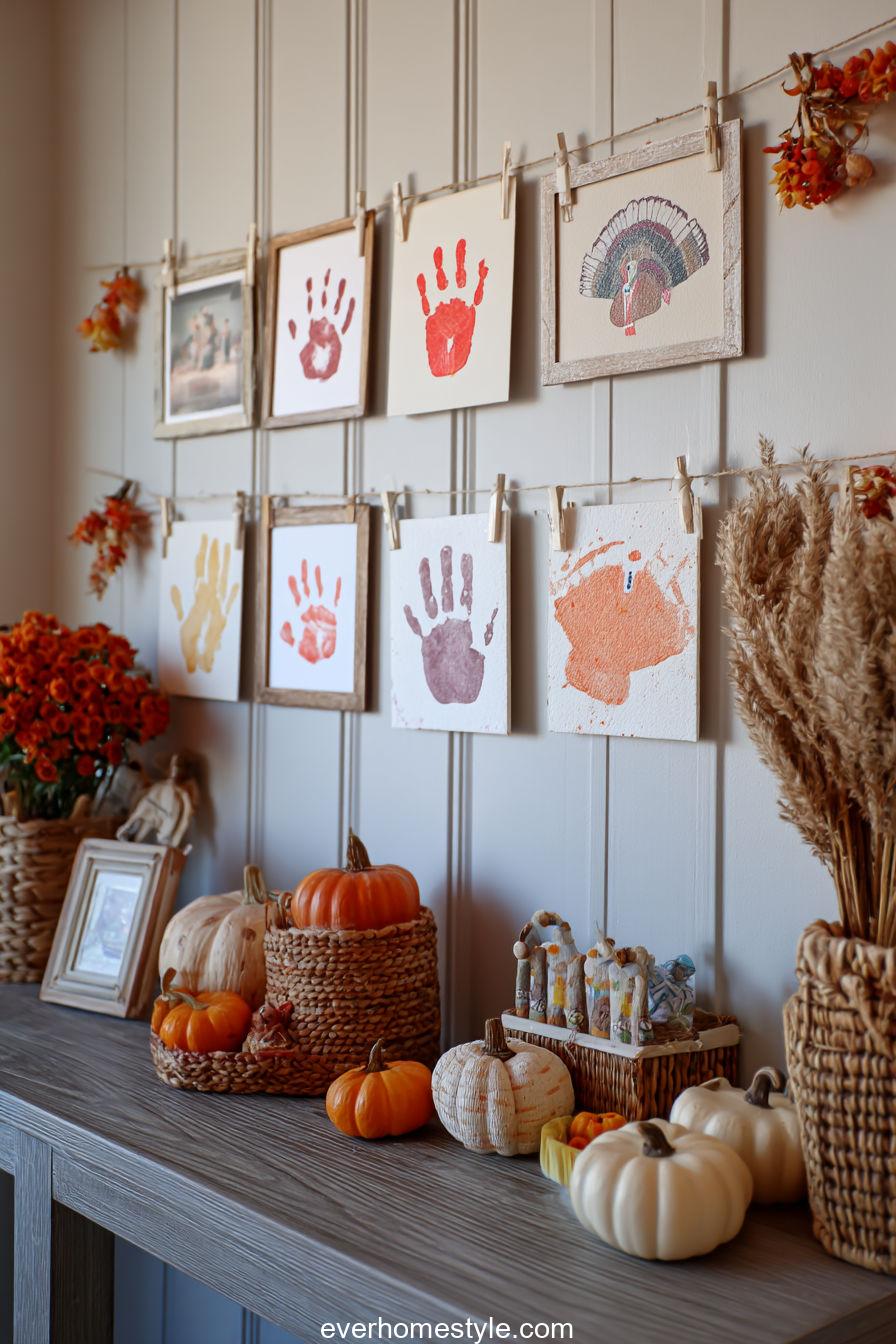 Children's fall craft corner with handprint turkey art
