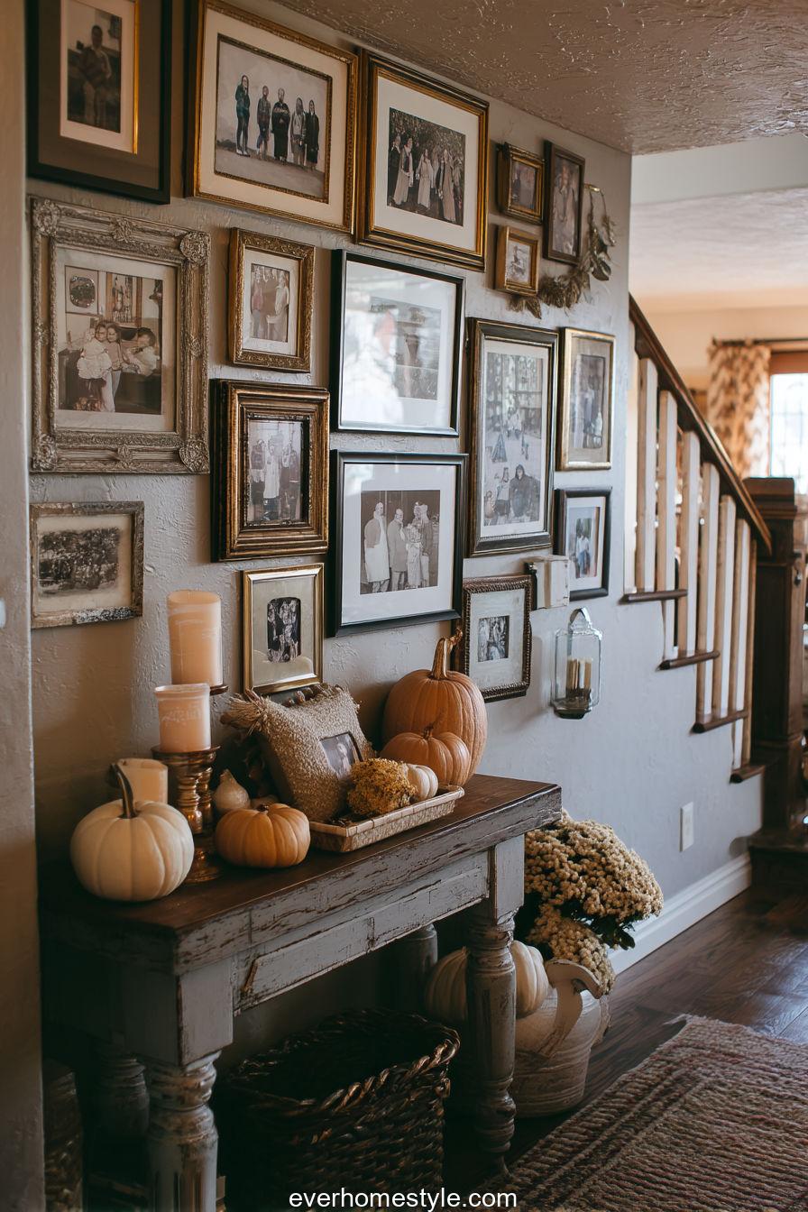Thanksgiving family photo display in a cozy hallway