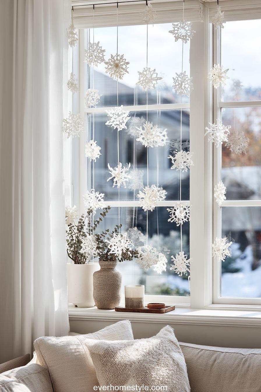 1. A Cozy Living Room with Handmade Snowflake Garlands