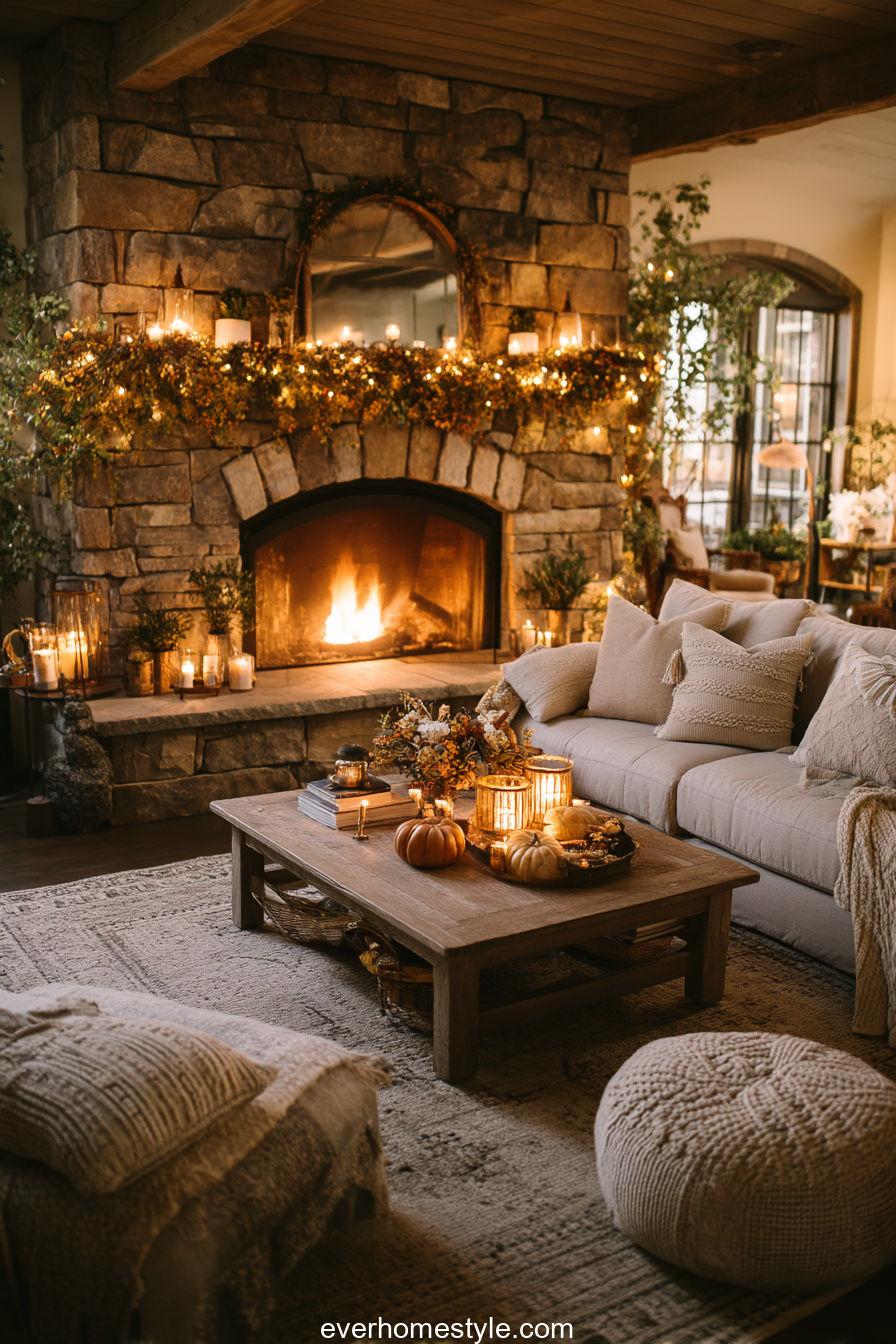 Thanksgiving fireplace lounge scene with cozy seating and garlands