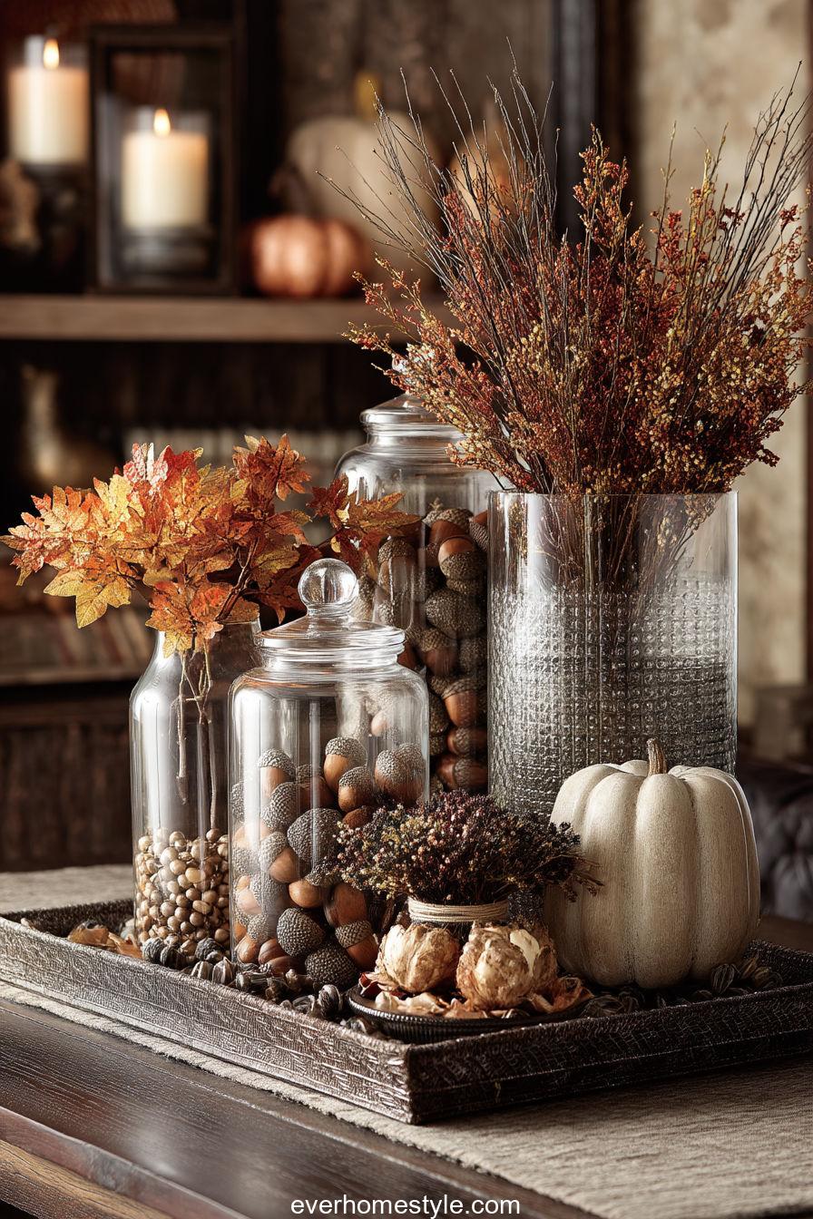 Acorn and berry vase arrangement in clear glass vases