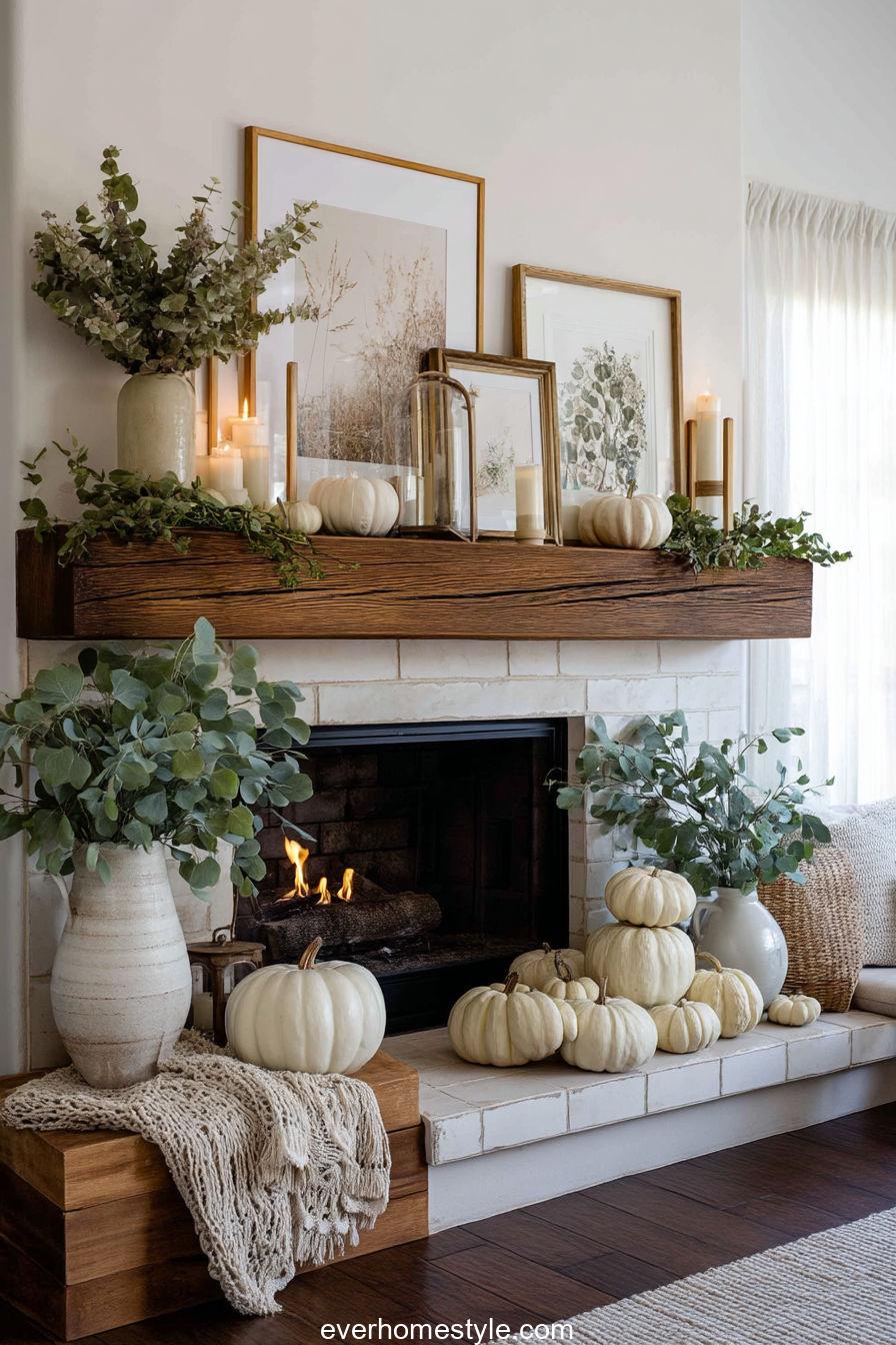 Autumn mantel styling with gourds, candles, and greenery