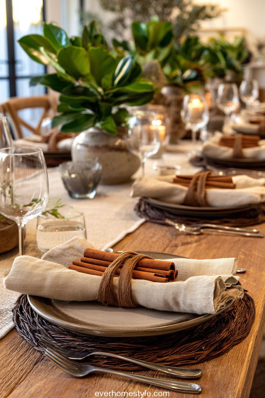 Cinnamon stick themed table setting with full place settings