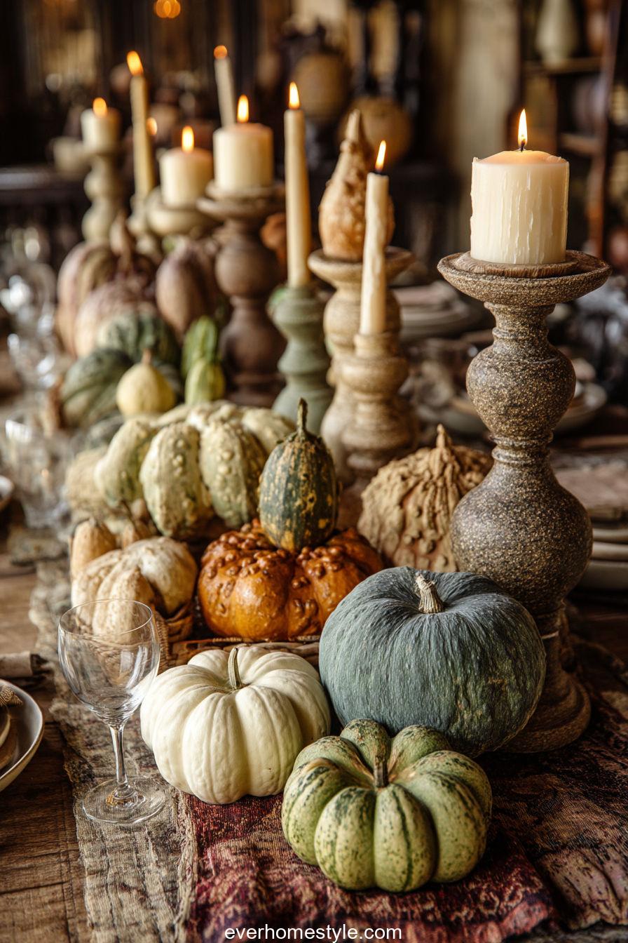 Heirloom gourd display on a full harvest tabletop