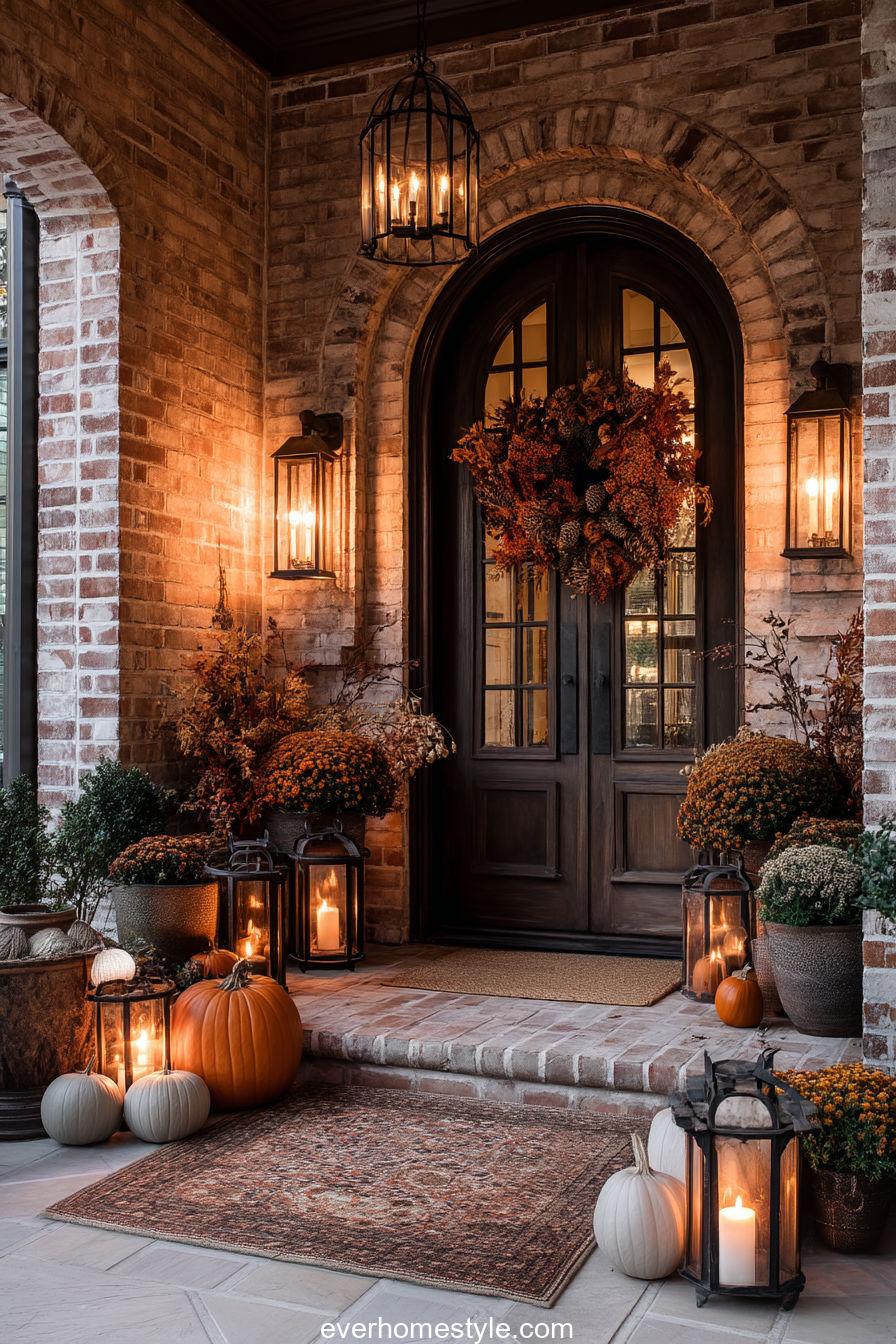 Thanksgiving front door welcome scene with wreaths and lanterns