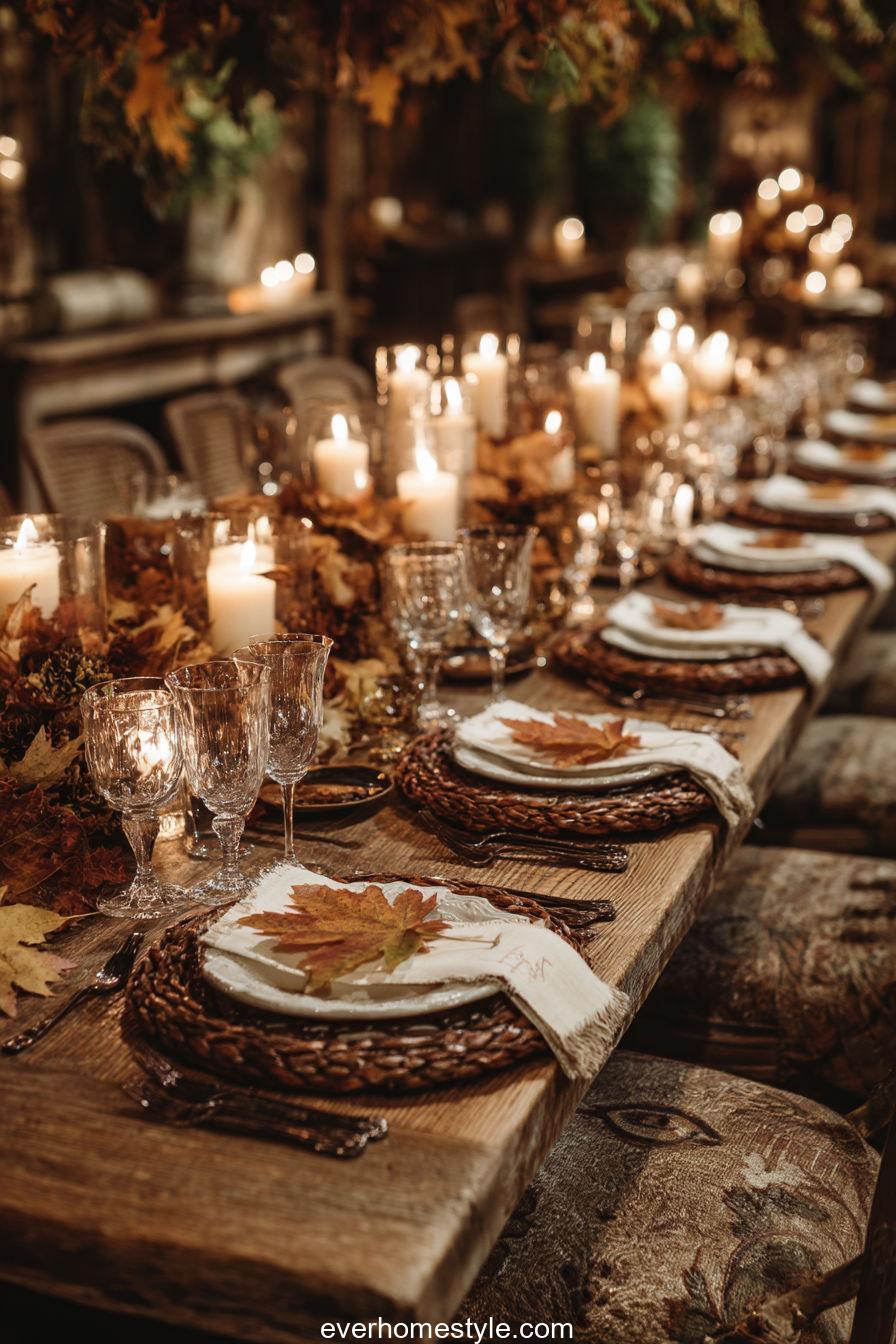 Autumn leaf seating arrangement used as place cards on a large dinner table