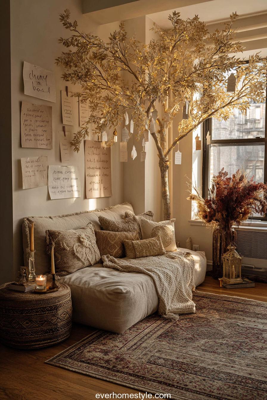 Gratitude tree center display in a cozy living room corner