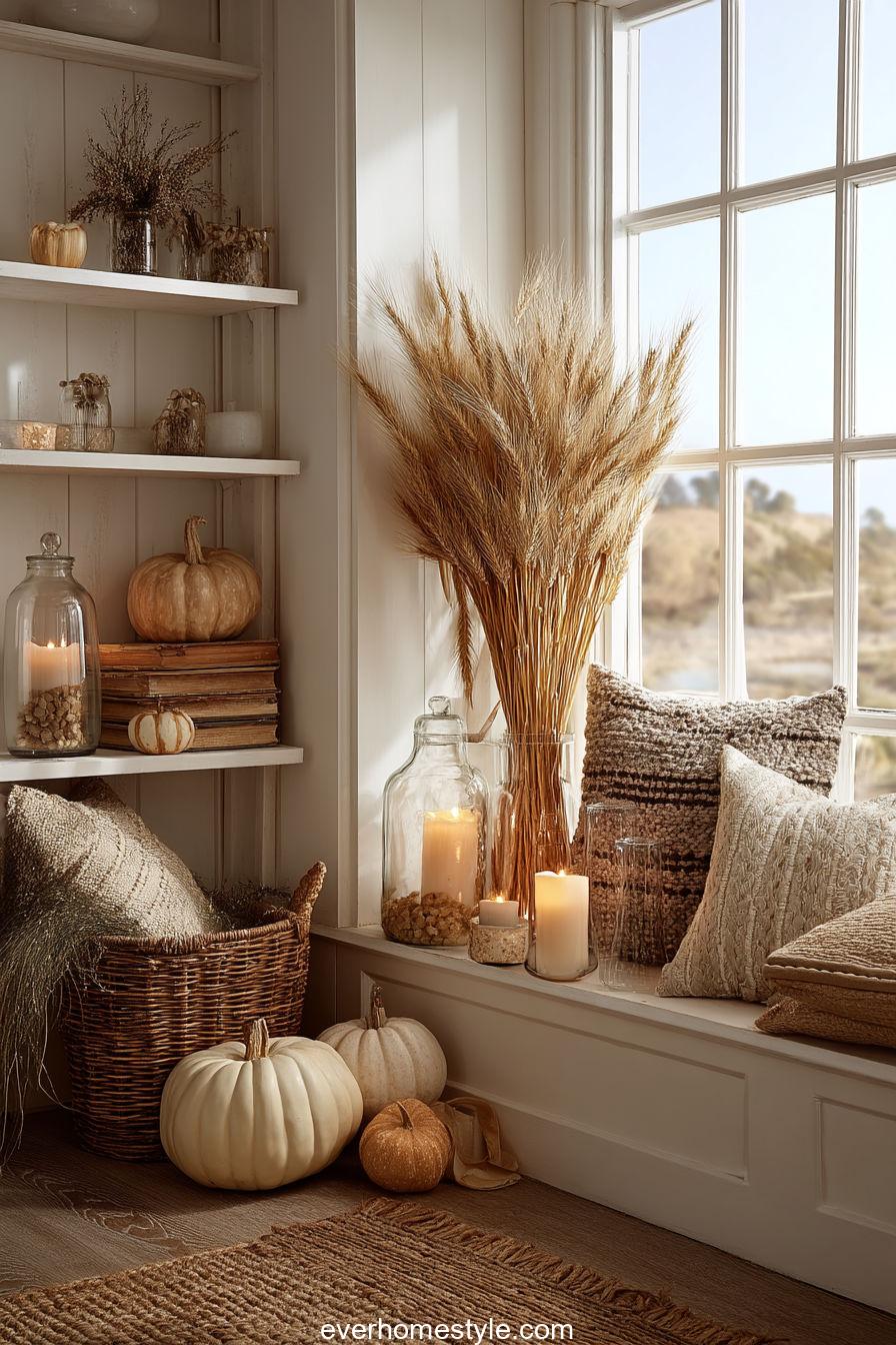 Wheat bundle harvest corner with pumpkins and candles