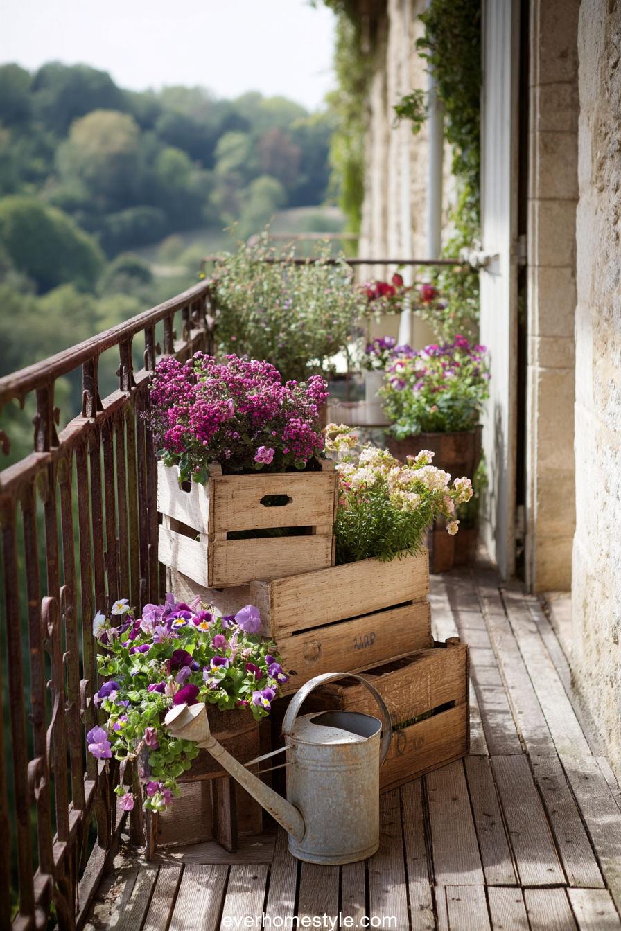 Rustic Balcony with Wooden Crates