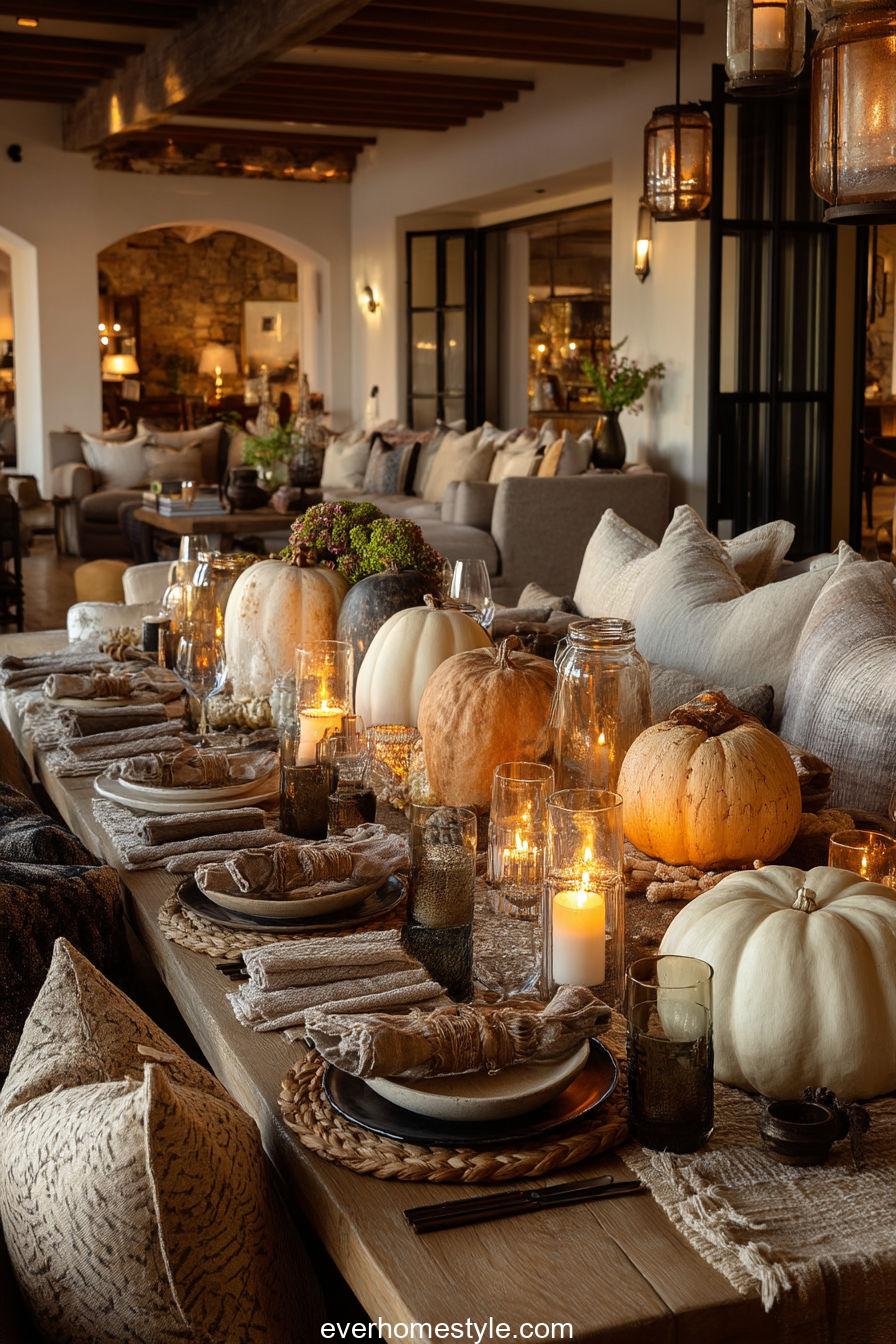 Creative pumpkin centerpiece spread on a spacious fall dining table