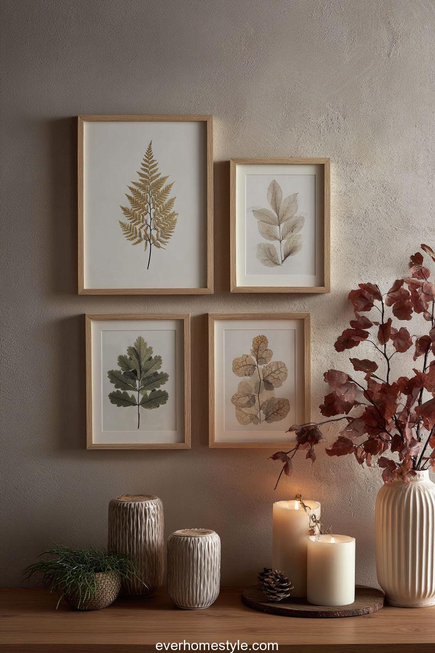 Botanical leaf art wall with framed autumn prints