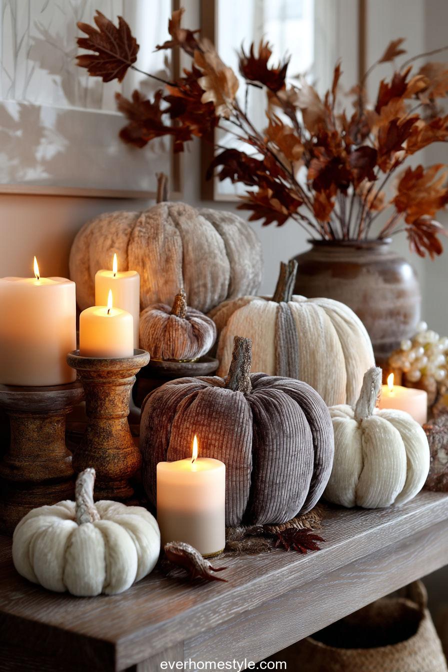 Soft fabric pumpkin display styled on a console