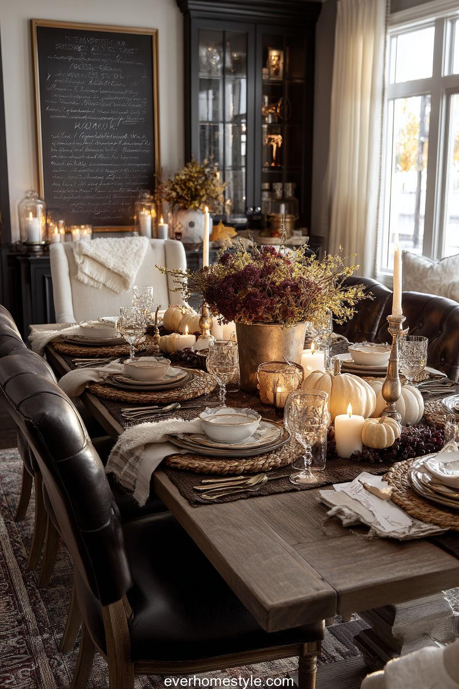 Chalkboard menu Thanksgiving dining scene with autumn decor