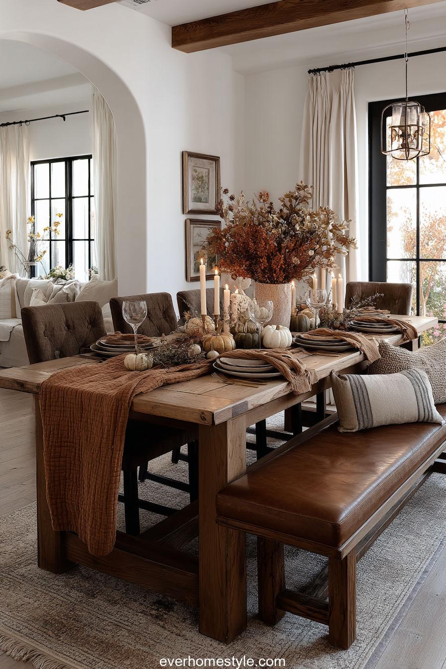 A warm Thanksgiving dining room featuring a long