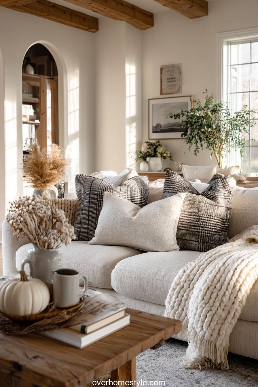 Cozy living room with pillows and throws for fall