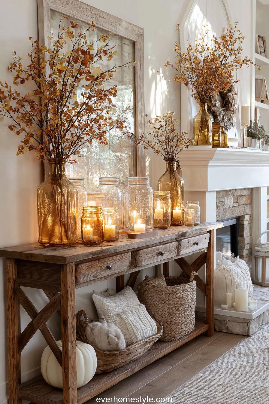 Rustic mason jar candlelight display on mantel and sideboard