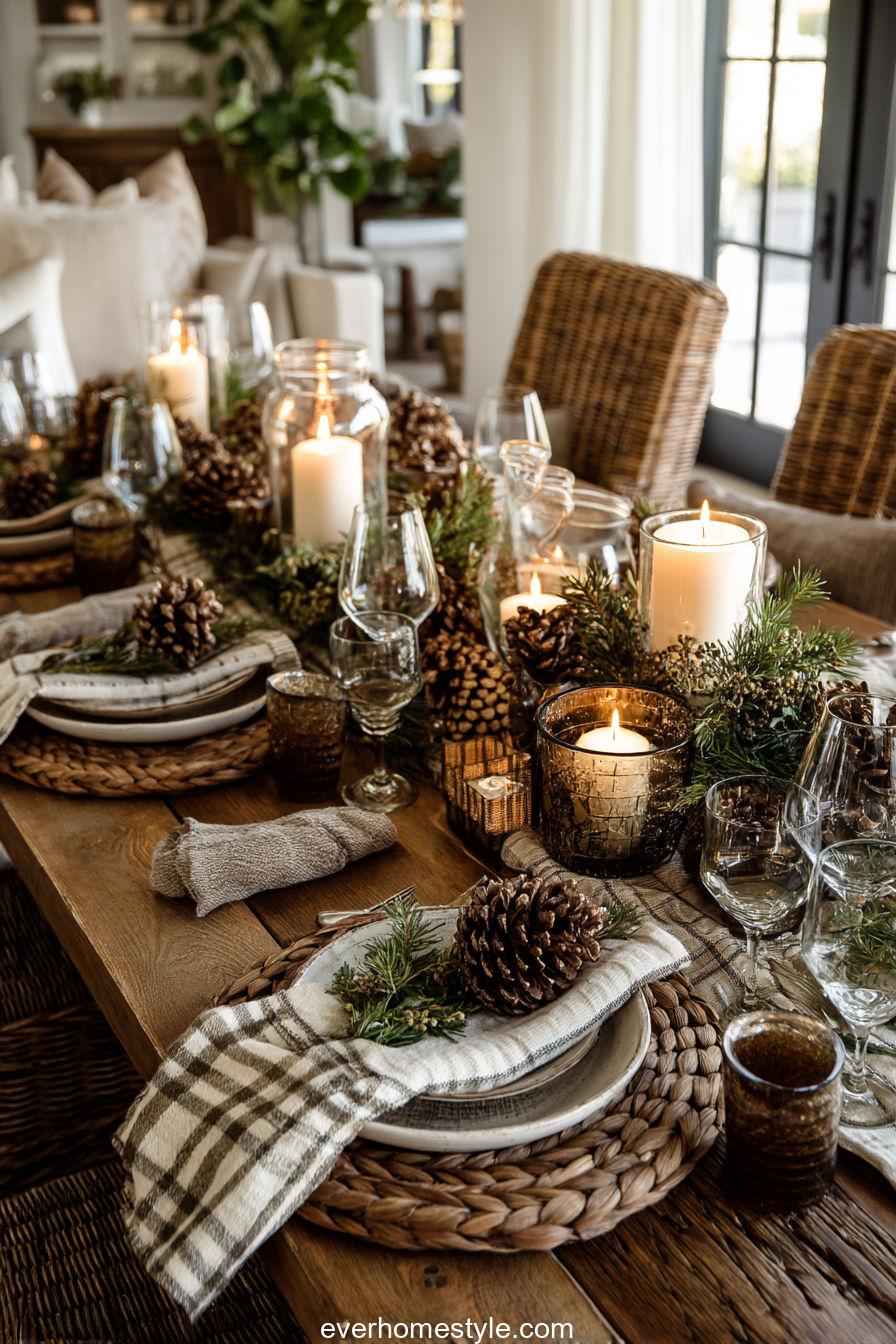 Pine cone tablescape accents on a rustic fall table