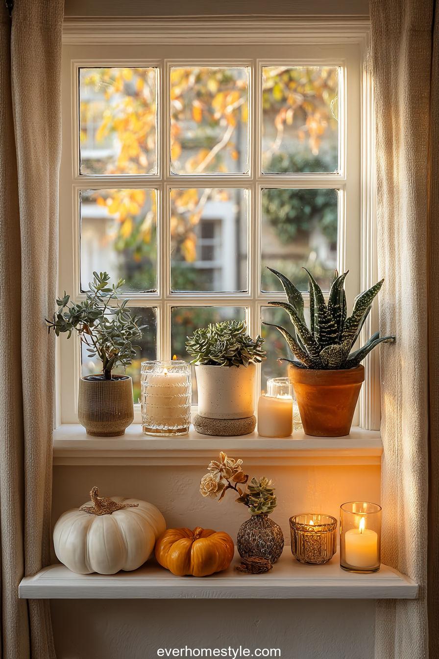 A window sill decorated with small potted plants