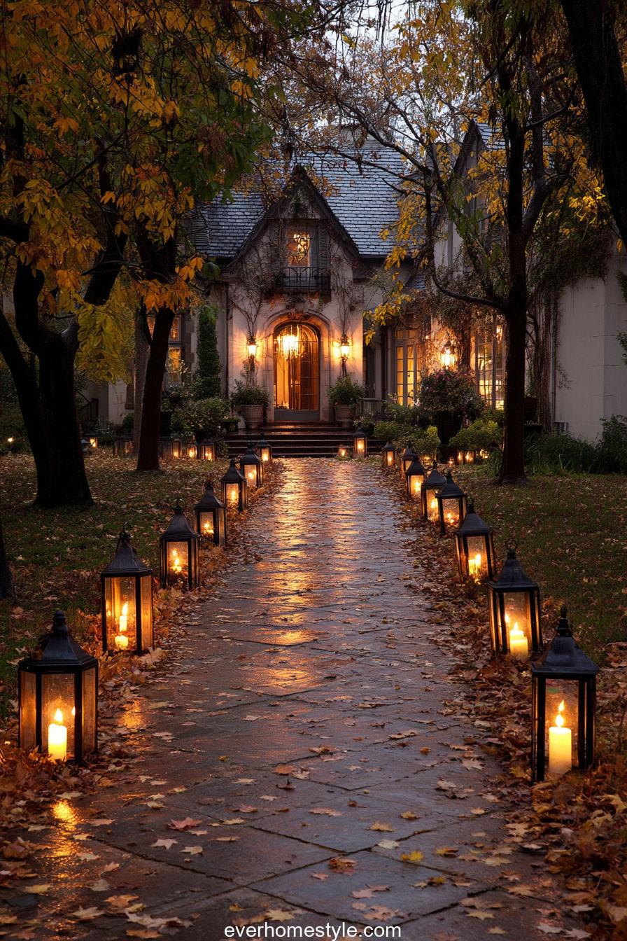 Lantern-lit Thanksgiving walkway with autumn leaves
