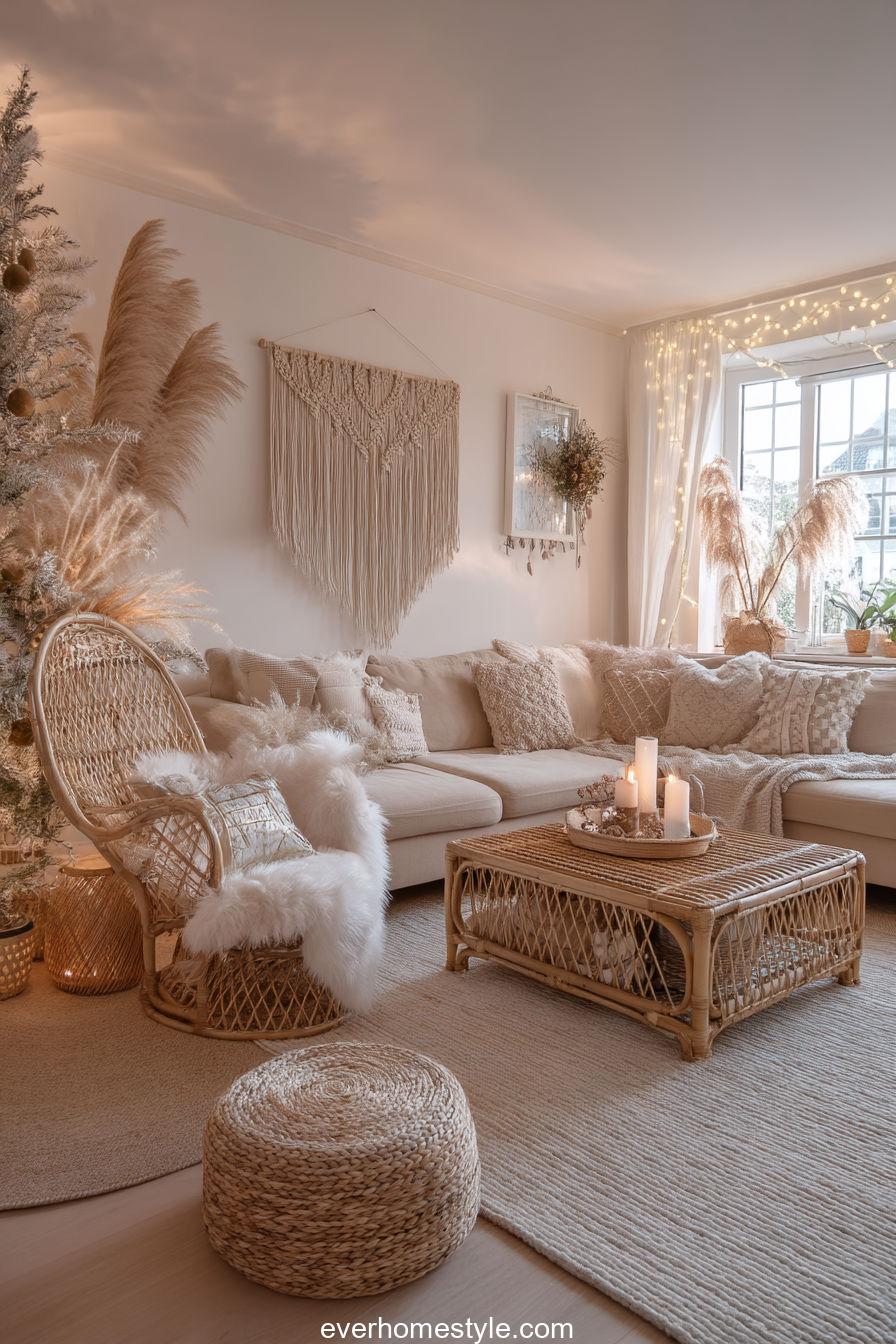 Bohemian Christmas Living Room with Rattan Touches