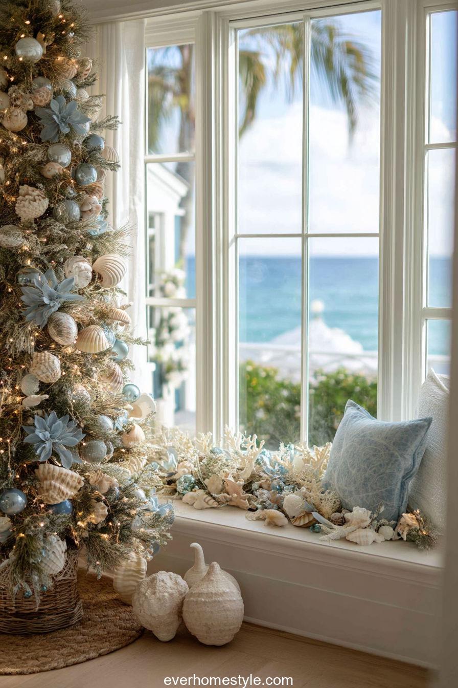 13. Coastal Christmas Window with Seashell Details