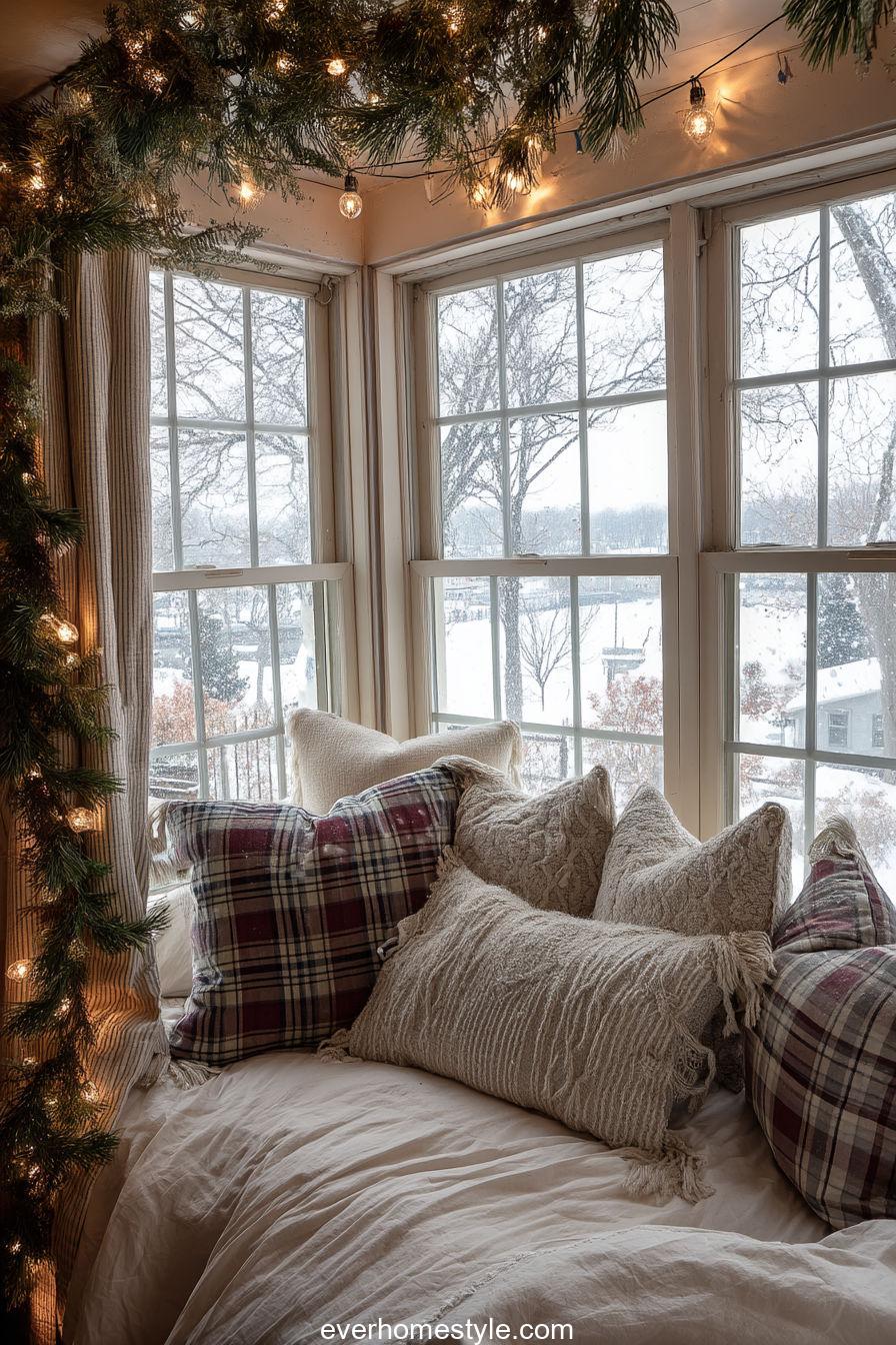23. Cozy Bedroom Window with Plaid Christmas Comfort