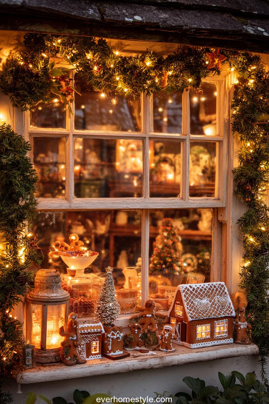 10. Cozy Cottage Window with Gingerbread Garland Glow