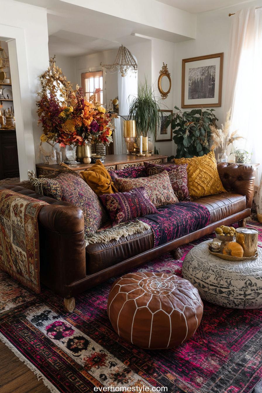11. Eclectic Living Room with Vintage Fall Textures