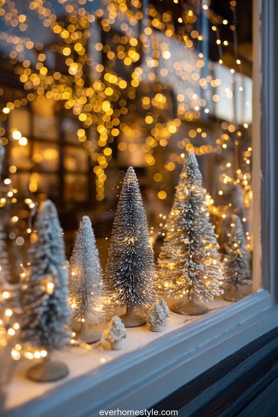 2. Elegant Farmhouse Window with Mini Christmas Trees