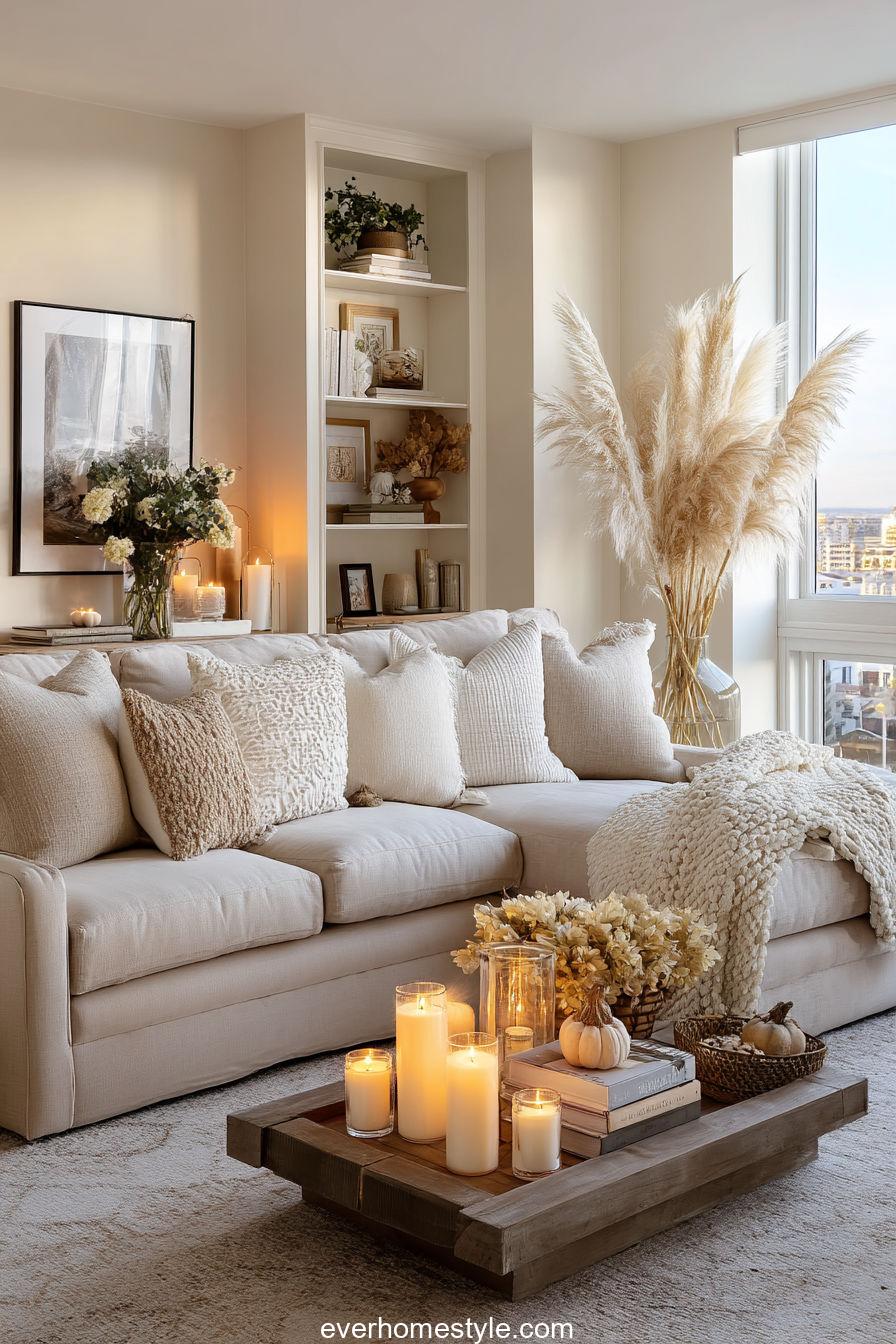 16. Neutral Living Room with Subtle Thanksgiving Decor