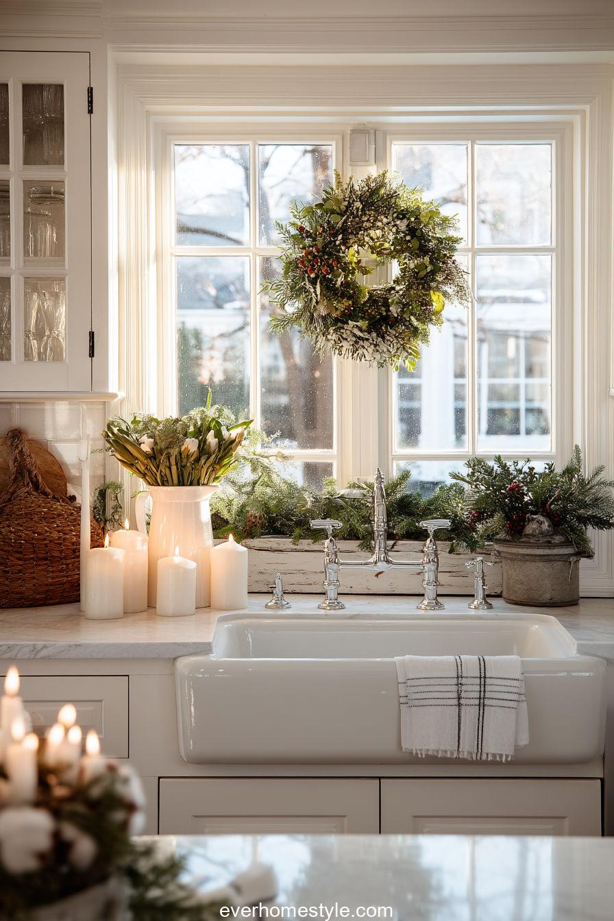 21. Farmhouse Kitchen Window with Wreath and Candles