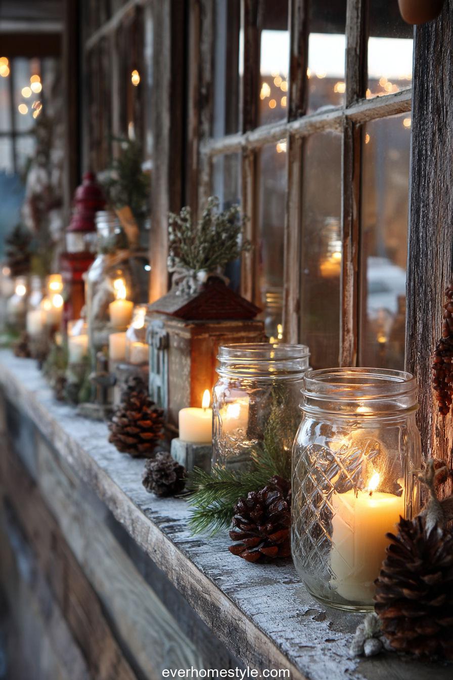 15. Rustic Christmas Window with Mason Jar Candles