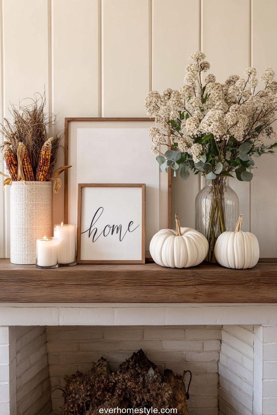 12. Minimal Mantel with White Pumpkin Touches
