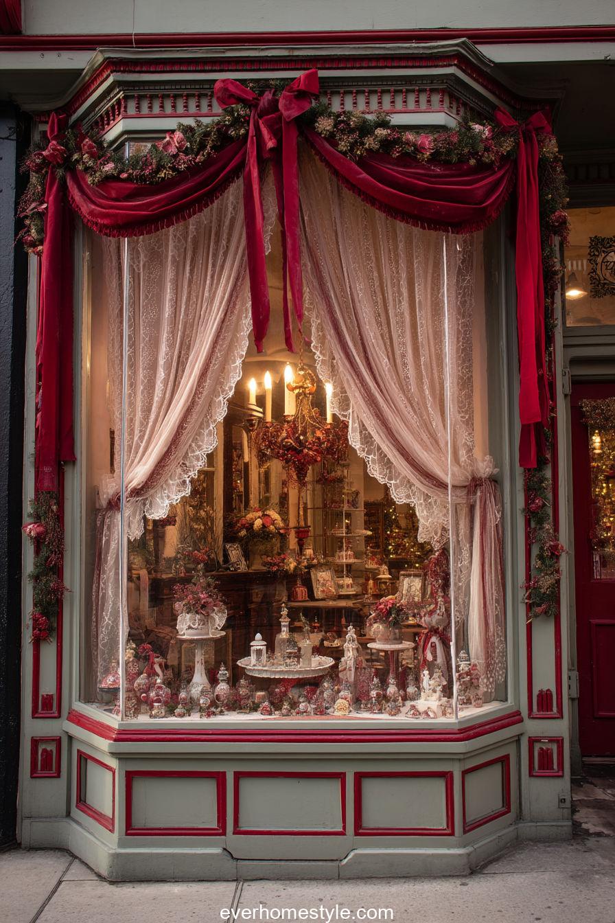 25. Victorian Christmas Window with Lace and Ribbons