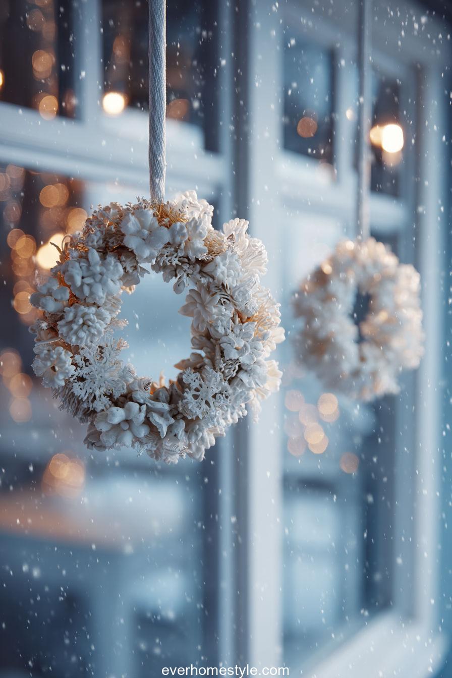 3. Frosted White Christmas Wreaths on Winter Windows